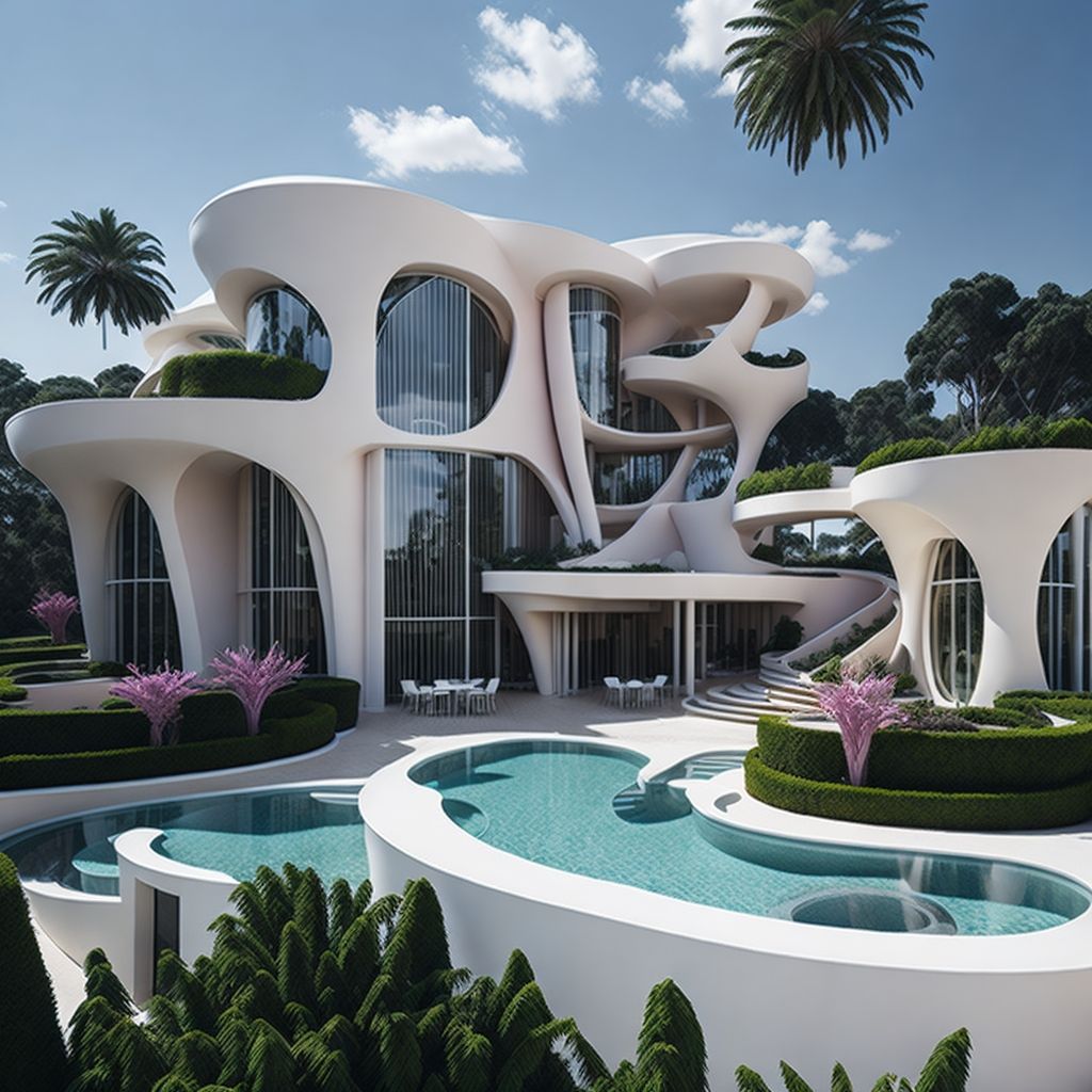 White futuristic curved villa with pool surrounded by palm trees under blue sky
