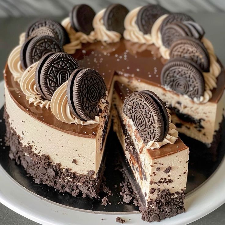 Chocolate and vanilla layered cake with Oreo cookies on top, one slice removed showing striped interior