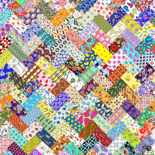 Colorful patchwork quilt with varied fabric patterns including florals, dots, and geometric designs arranged in diamond layout