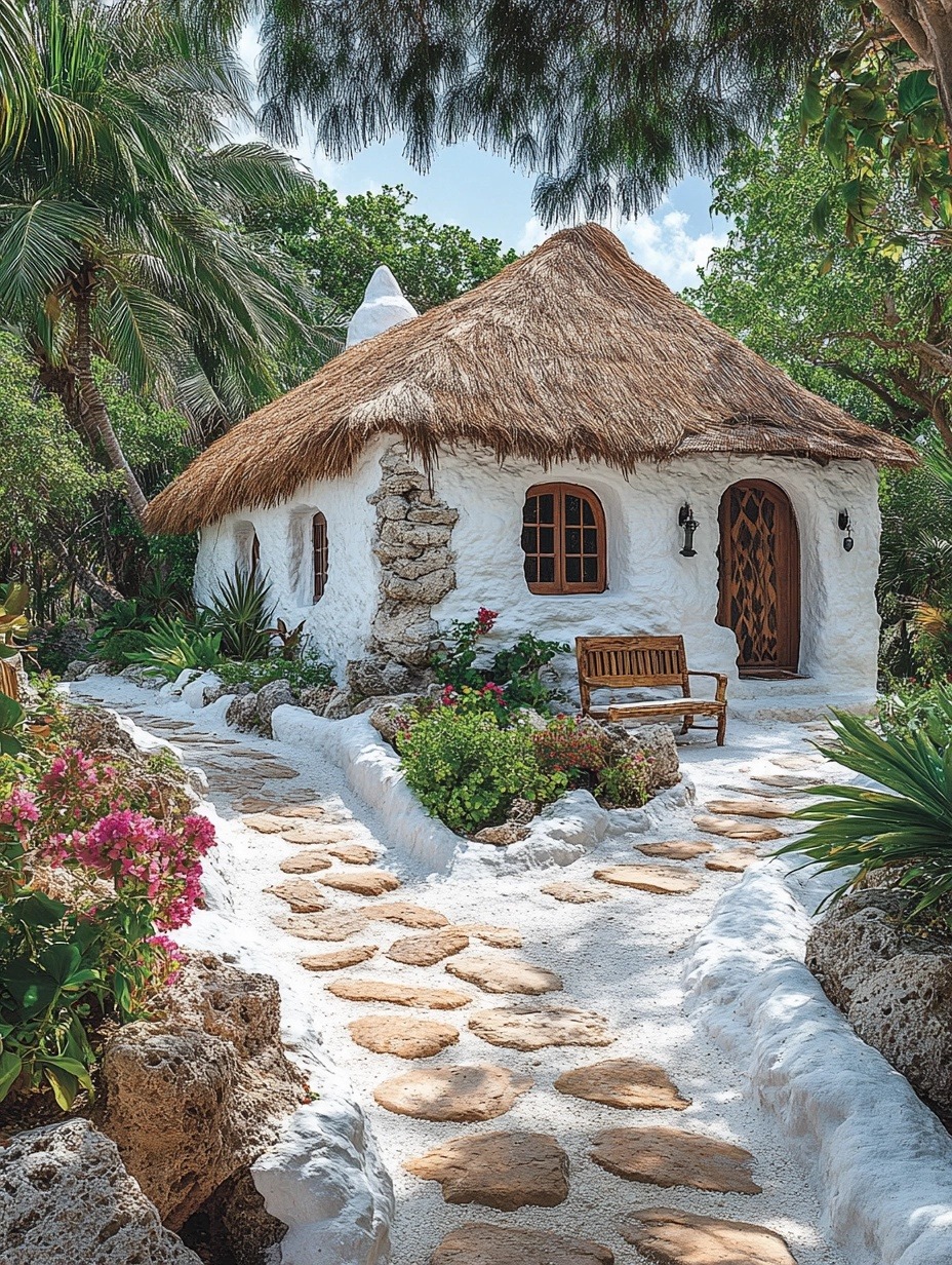 White thatched cottage with a stone path, palm trees, and colorful garden plants