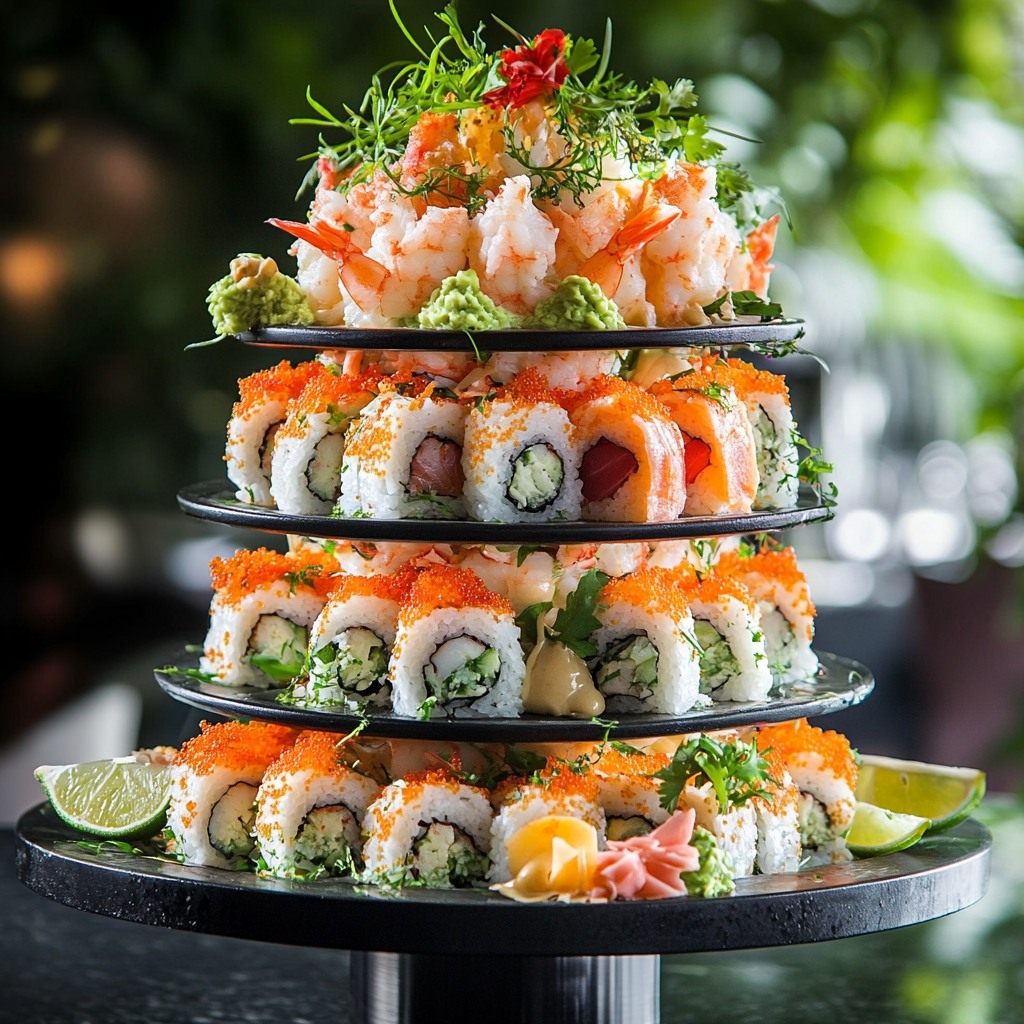 Tiered stand with assorted sushi rolls, shrimp, roe, lime wedges, and garnish