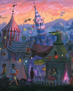 Whimsical illustration of a fantasy carnival with colorful tents, lanterns, and a dragon at dusk