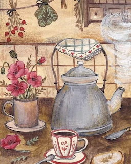 Painting of a grey teapot, red striped teacup, red poppies in a vase, and kitchen items on a counter