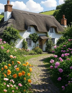 White thatched cottage with vibrant flower garden and cobblestone path