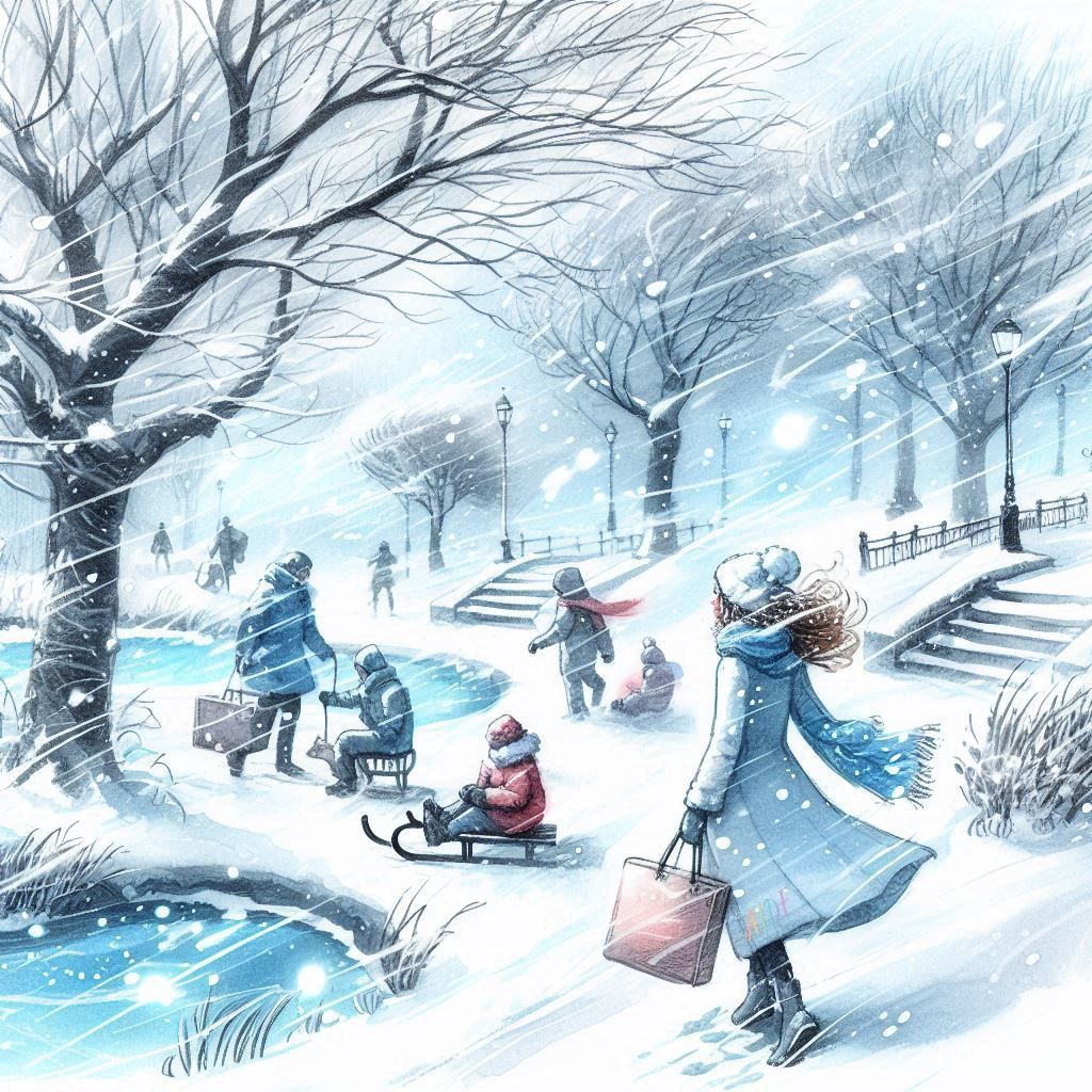 Children sledding down snowy hill in winter park with frosted trees