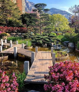 Wooden bridge crossing a pond in a Japanese garden with sculpted trees, flowers, and mountains behind