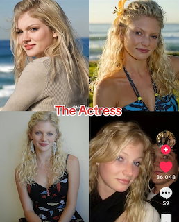 Four-photo collage of a blonde woman posing in different outfits and settings