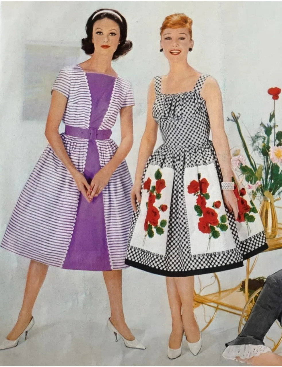 Fashion illustration of two women wearing vintage dresses, one purple striped and one white with red flowers