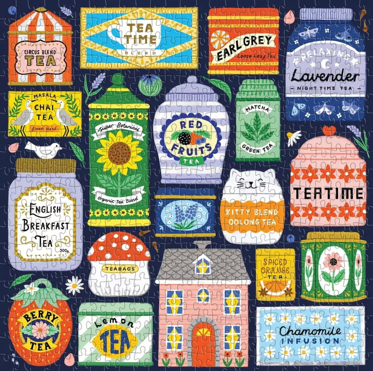 Collection of colorful vintage tea tins with retro labels and patterns arranged together