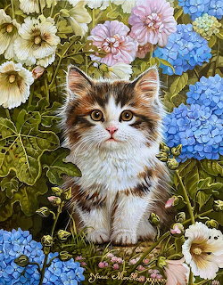 Fluffy kitten surrounded by pink, blue, and yellow flowers in a garden painting