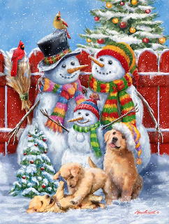 Snowman family wearing colorful scarves and hats with two golden retriever puppies, Christmas tree, and cardinals in snow