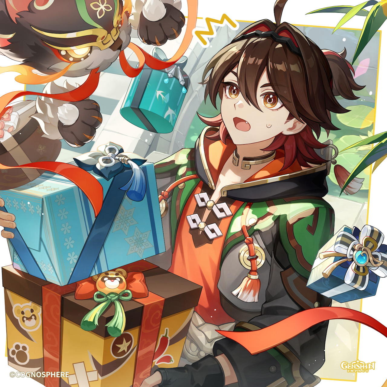 Anime character with brown hair in green and orange outfit surrounded by wrapped presents and holiday decorations