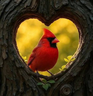 Red cardinal framed by a heart-shaped hole in a tree trunk