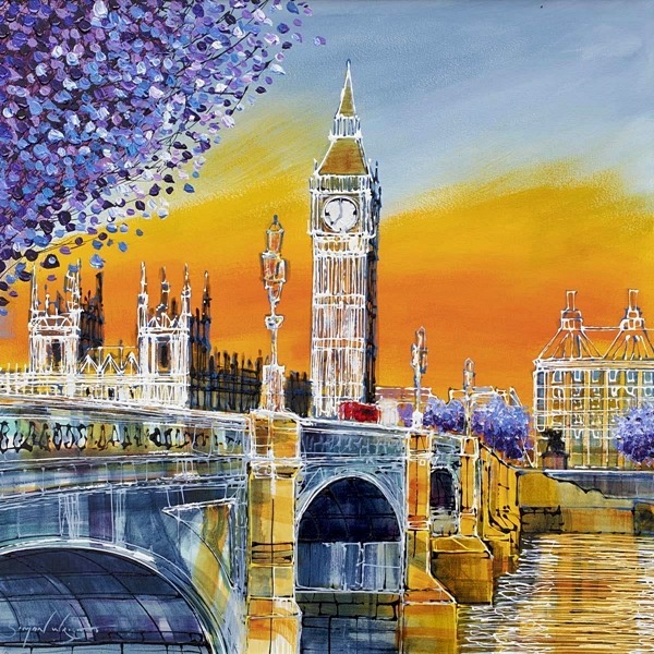 Colorful painting of Big Ben and Westminster Bridge at sunset with purple flowers and orange sky over River Thames