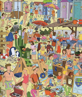 Detailed illustration showing a busy beach house with multiple people and objects across different floors and rooms