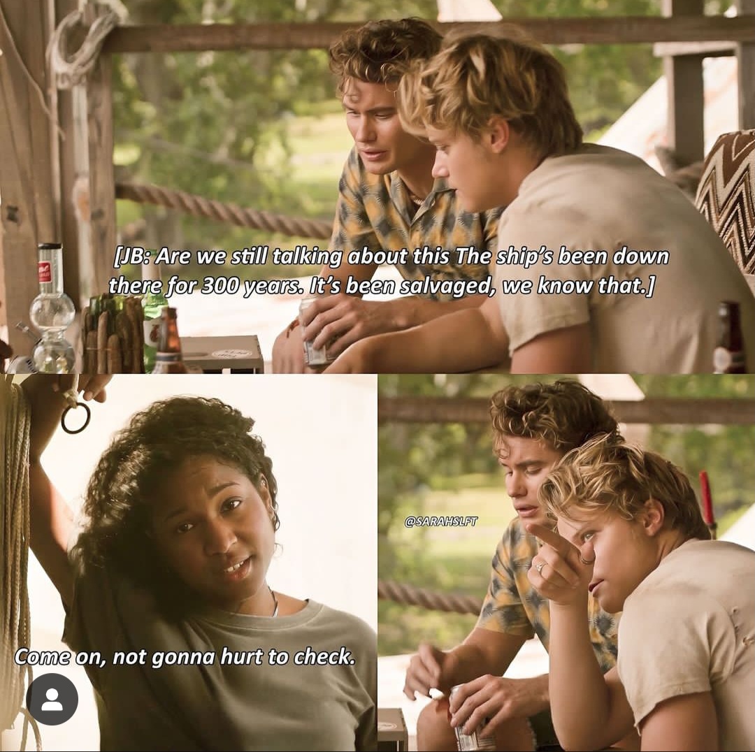 Two-panel scene of three young people talking on a porch with subtitles