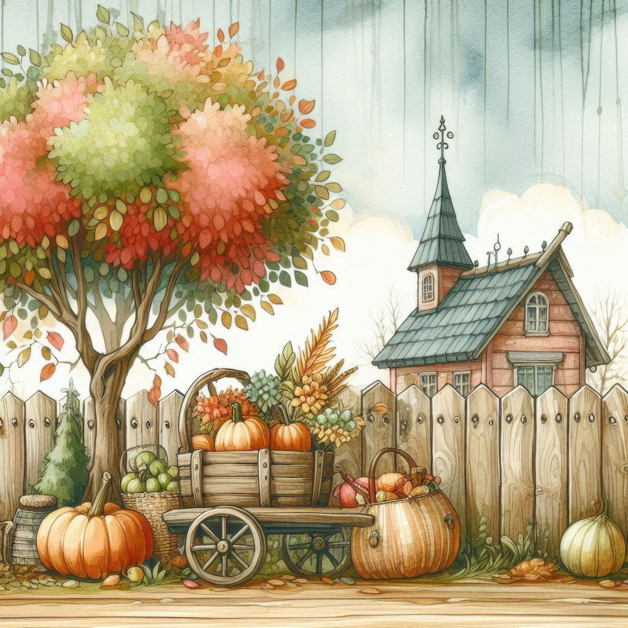 Watercolor autumn scene with pumpkins, wagon, colorful tree, and cottage behind white fence