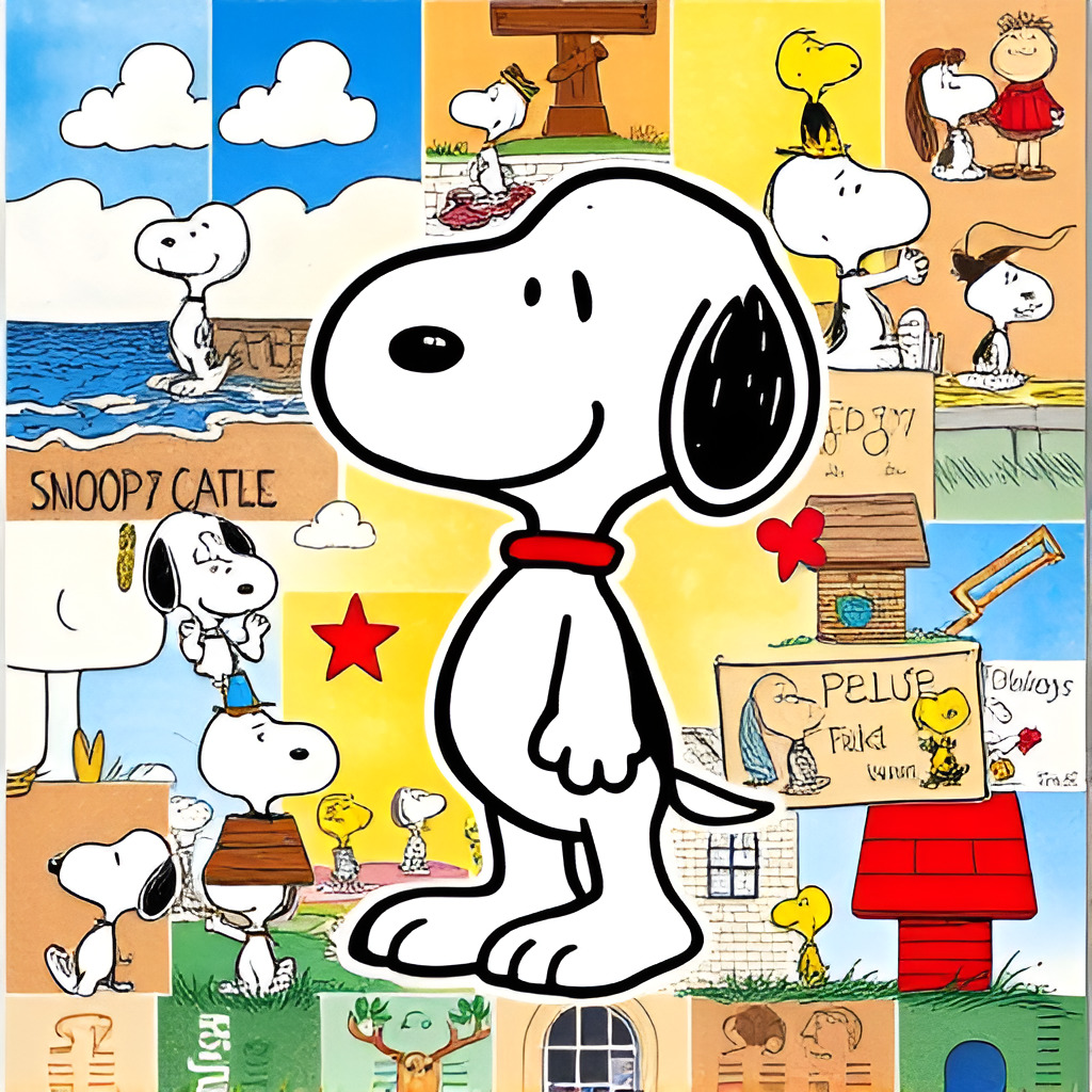 Collage of Snoopy character in center surrounded by comic panels and Peanuts scenes