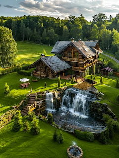 Aerial view of rustic log cabin with waterfall feature in landscaped garden surrounded by green lawns and trees