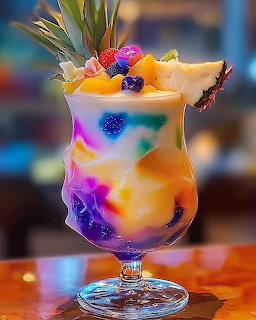 Colorful layered tropical cocktail in glass with pineapple and fruit garnish