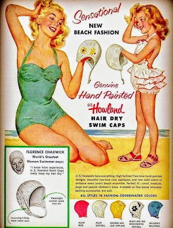 Vintage advertisement featuring two women in retro swimwear demonstrating decorative swim caps with floral designs