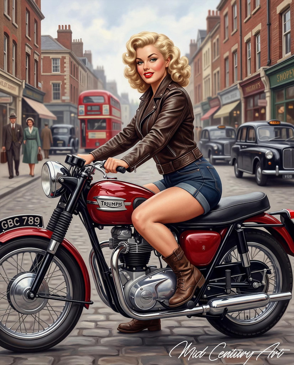 Vintage pinup woman on a classic motorcycle in a cobblestone city street