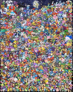Dense collage of hundreds of colorful Pokemon characters crowded together against a dark space background