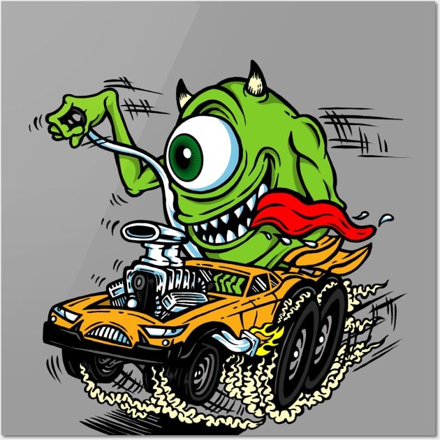 Cartoon green cyclops monster riding an orange off-road buggy