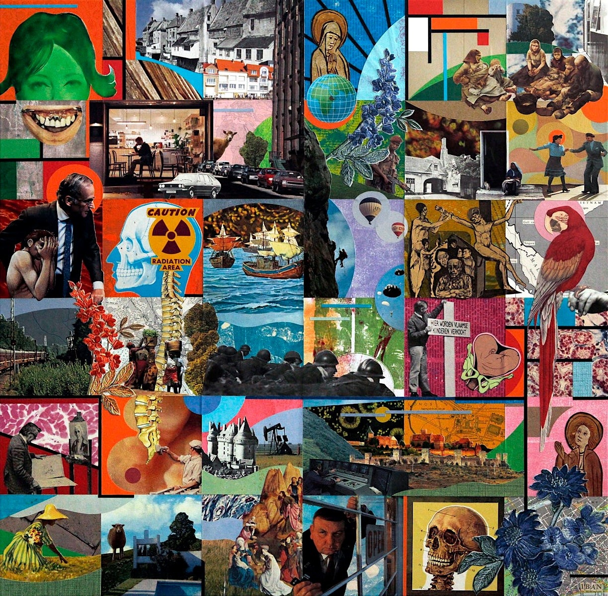 Dense collage grid of varied photo tiles showing landscapes, people, animals, buildings and abstract elements