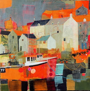 Abstract painting of colorful village houses and boats at harbor with orange sky and textured layers