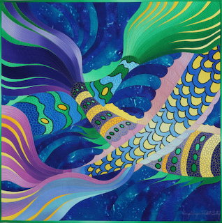 Colorful abstract art quilt with flowing curves, fish scale patterns, and swirling shapes in blue, green, yellow, and purple