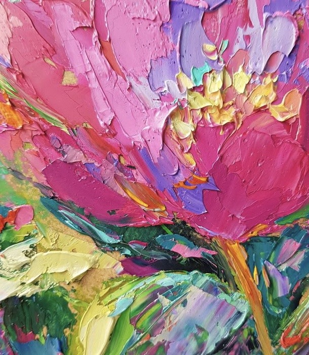 Colorful impasto oil painting of a large pink flower with thick textured brushstrokes