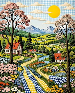 Colorful illustration of spring village with houses, flowering trees, winding path, river, and mountains