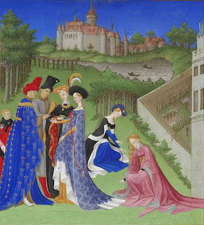 Medieval manuscript illustration of nobles in colorful robes near a castle and garden