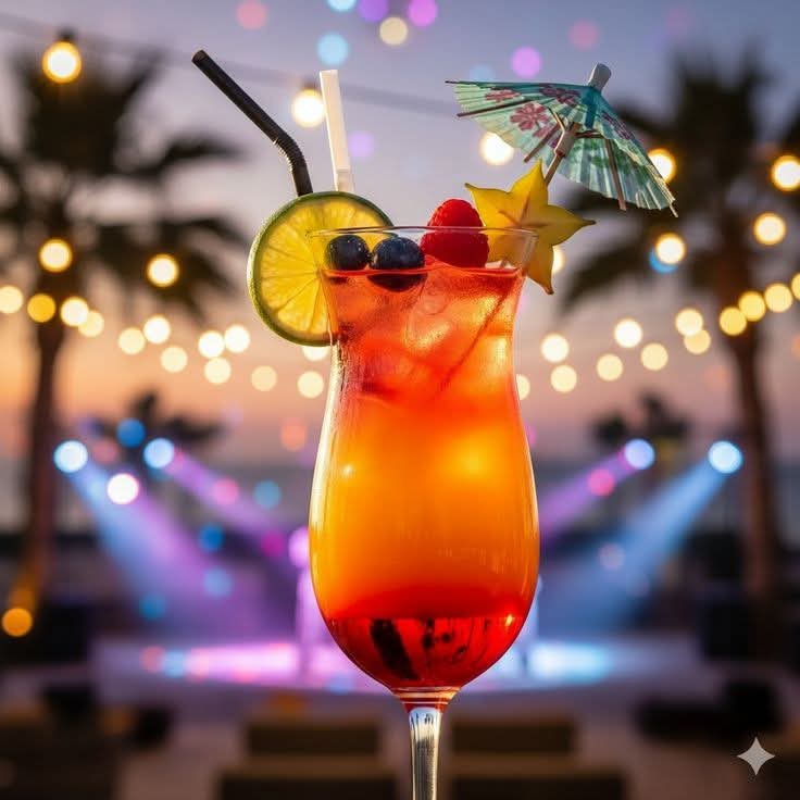 Colorful tropical cocktail with fruit garnish and paper umbrella in a tall glass