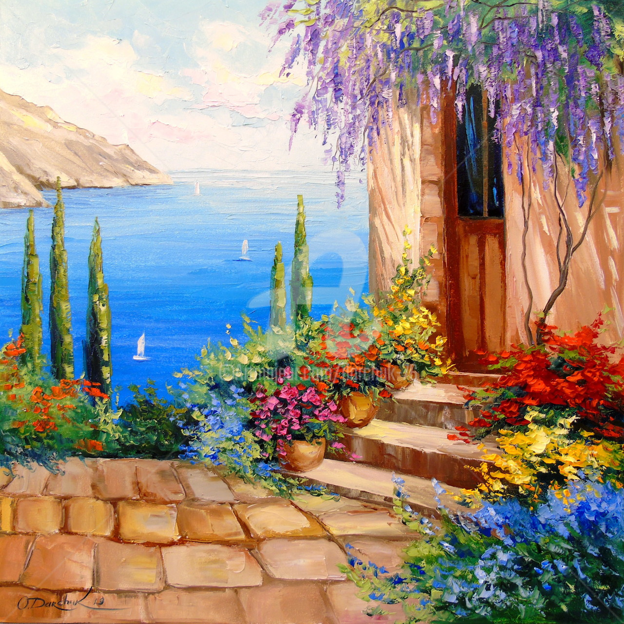 Painting of a flower-lined stone terrace and doorway overlooking a blue sea