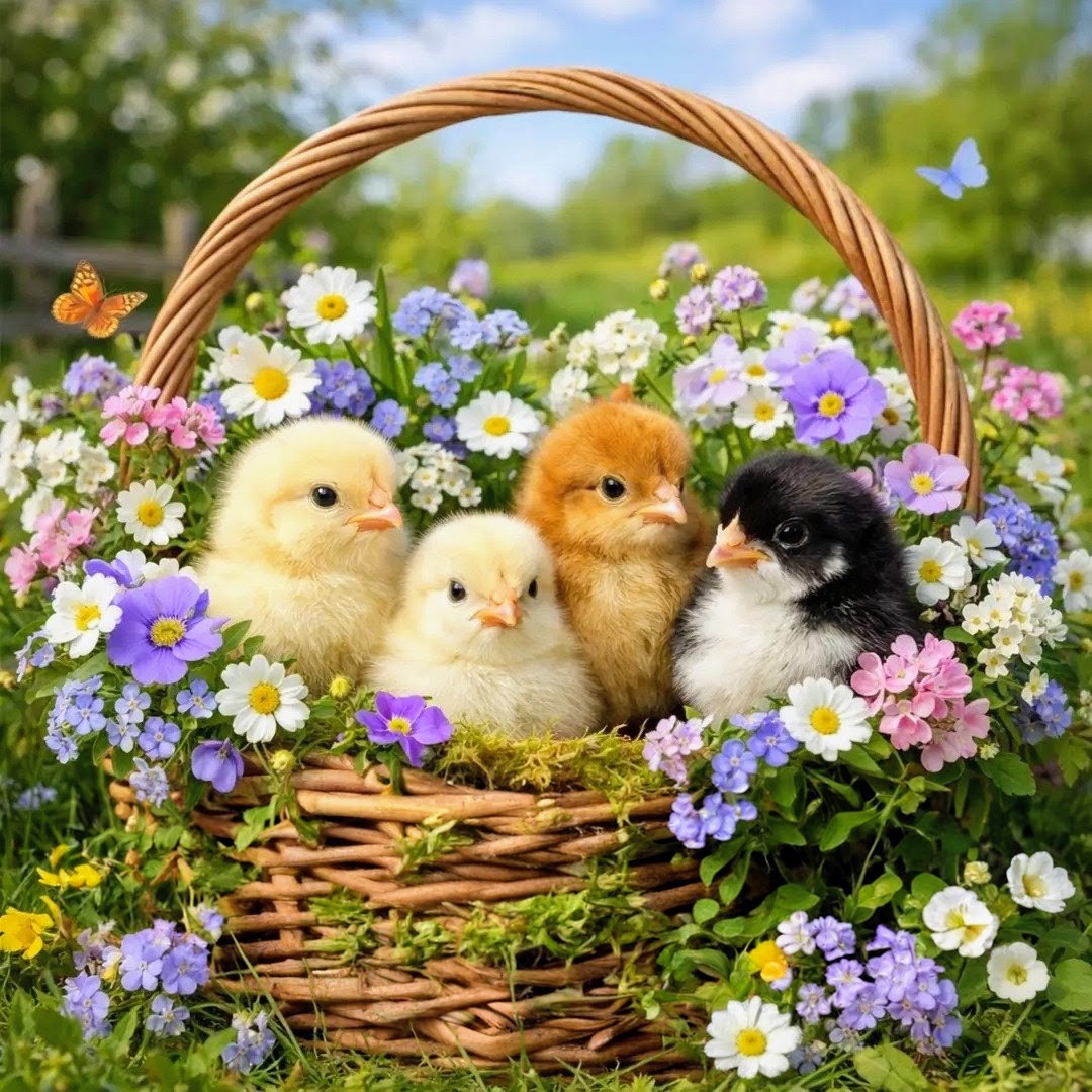 Three fluffy baby chicks in wicker basket with white, purple, and pink flowers