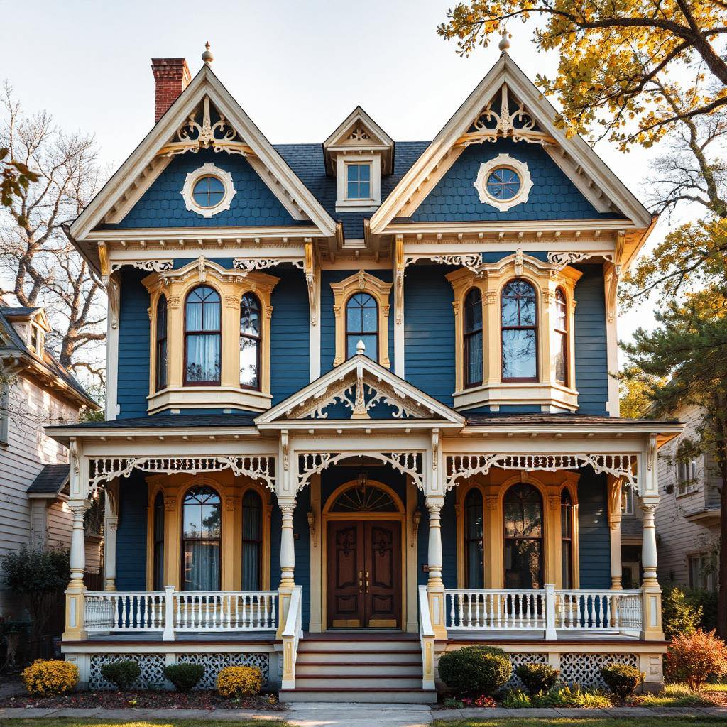 Victorian house with blue siding, yellow trim, ornate gingerbread details, and white porch in autumn setting