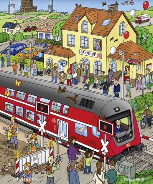 Cartoon illustration of a red train at a busy station platform with many people and village buildings in background