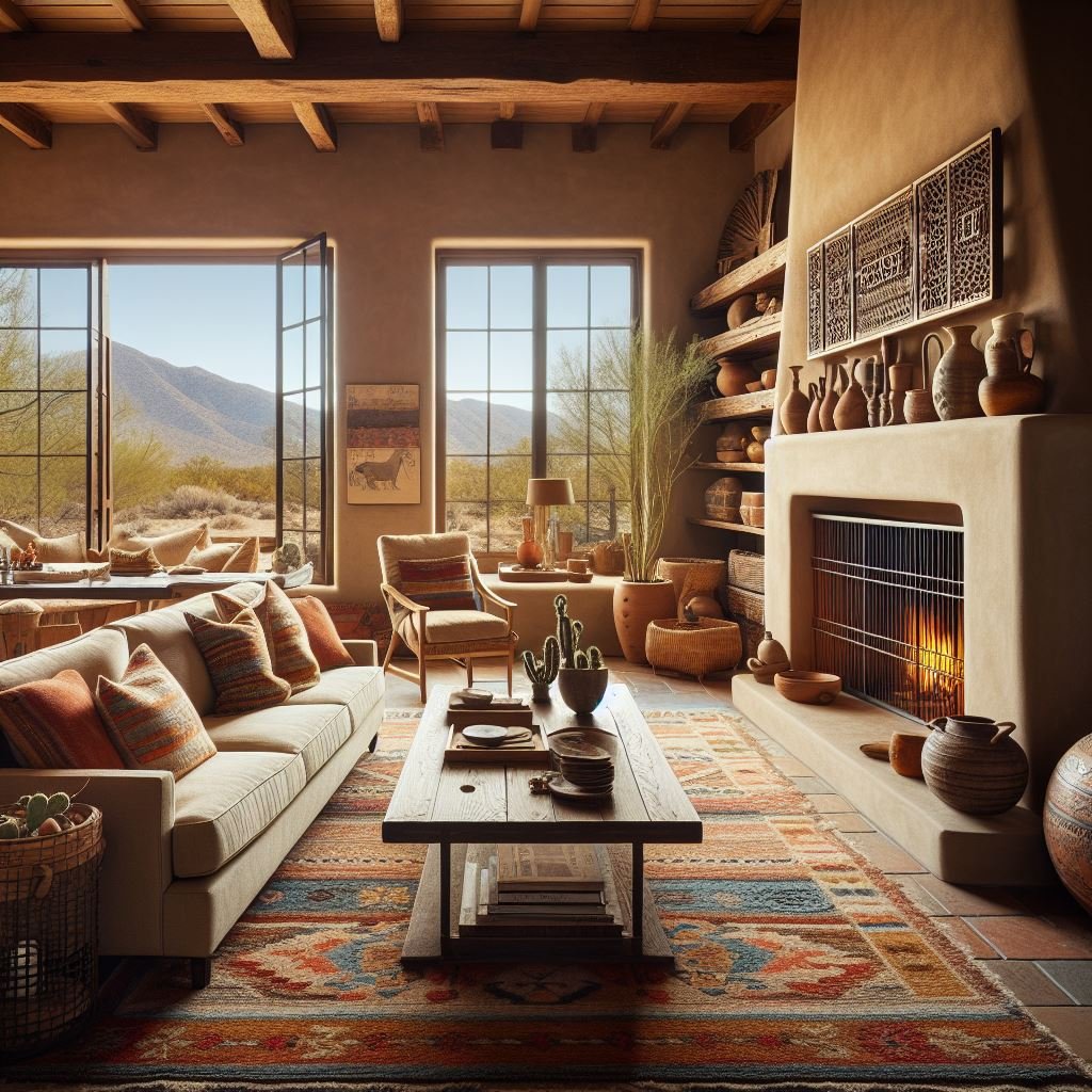 Cozy Southwestern living room with fireplace, patterned rug, rustic decor, and mountain view windows