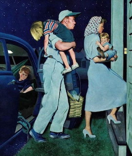 Family arriving home at night, father carrying child, mother at doorway, car parked on grass under starry sky
