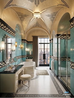 Luxurious art deco bathroom with turquoise walls, vaulted ceiling, and geometric tile patterns