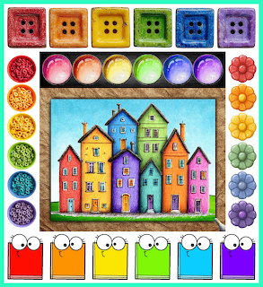 Illustration of seven colorful houses in a row, framed by rainbow buttons and craft decorations