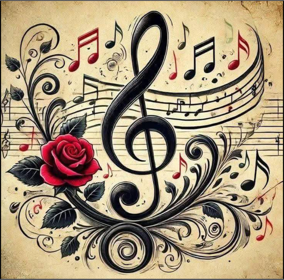Treble clef with musical notes, ornamental swirls, and red rose on aged sheet music paper