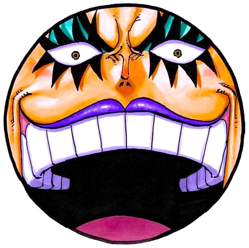Circular anime character face with wide grin, orange skin, and intense eyes in manga style