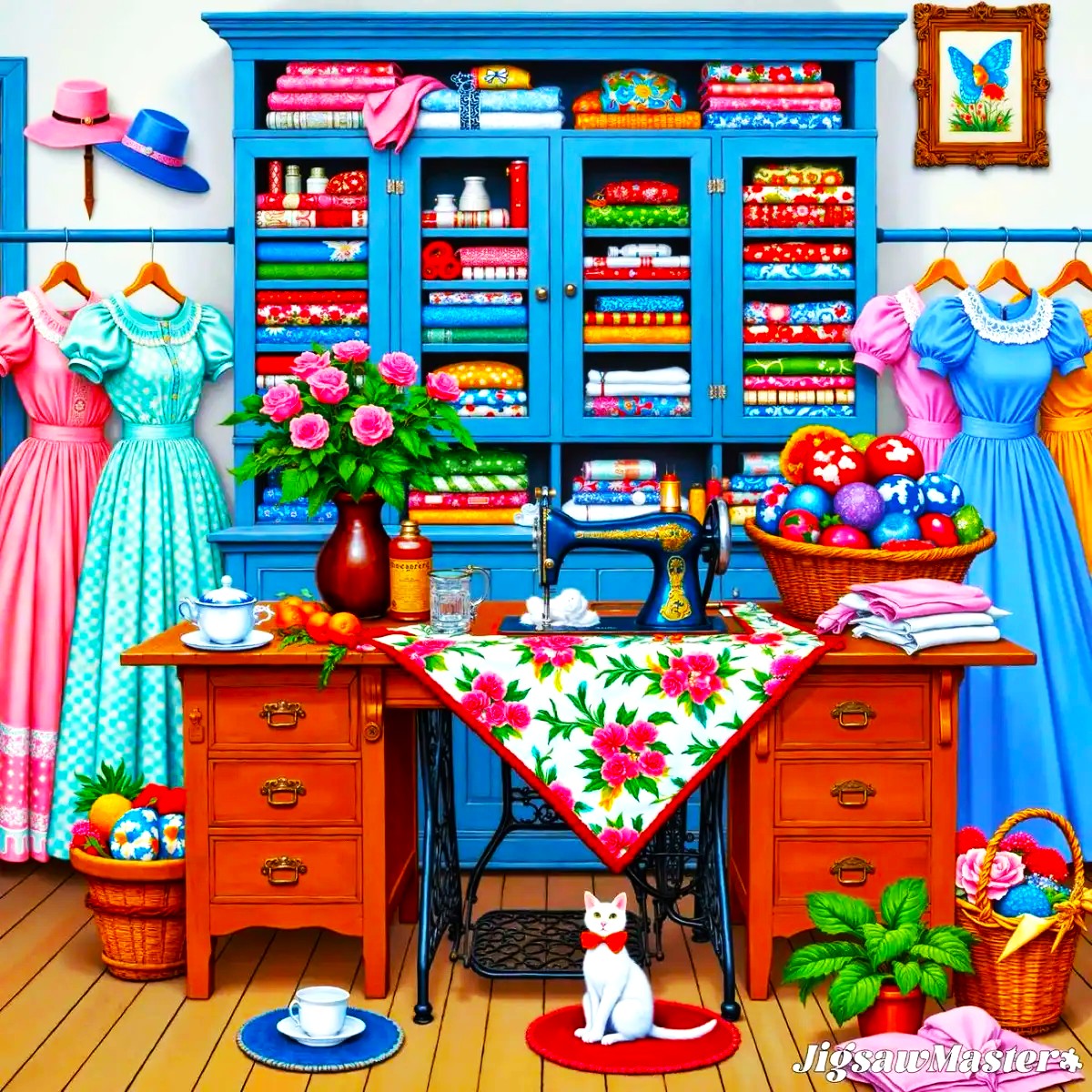 Bright sewing room with blue cabinet, colorful fabrics, vintage sewing machine, dresses, flowers, and white cat