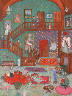 Colorful painted interior with red curved staircase, teal walls, multiple small framed scenes and decorative patterns