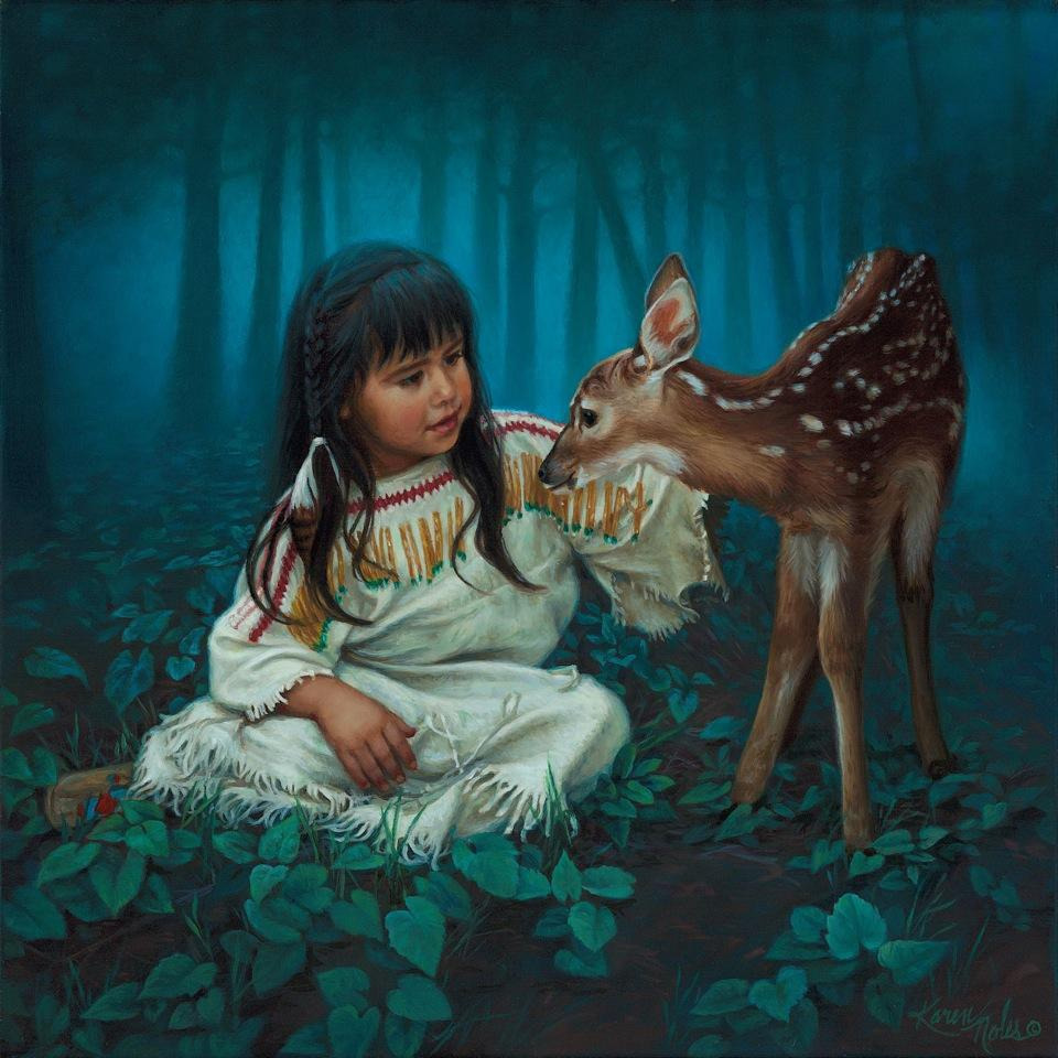 Young girl in white dress touching noses with spotted fawn in magical blue-tinted forest setting