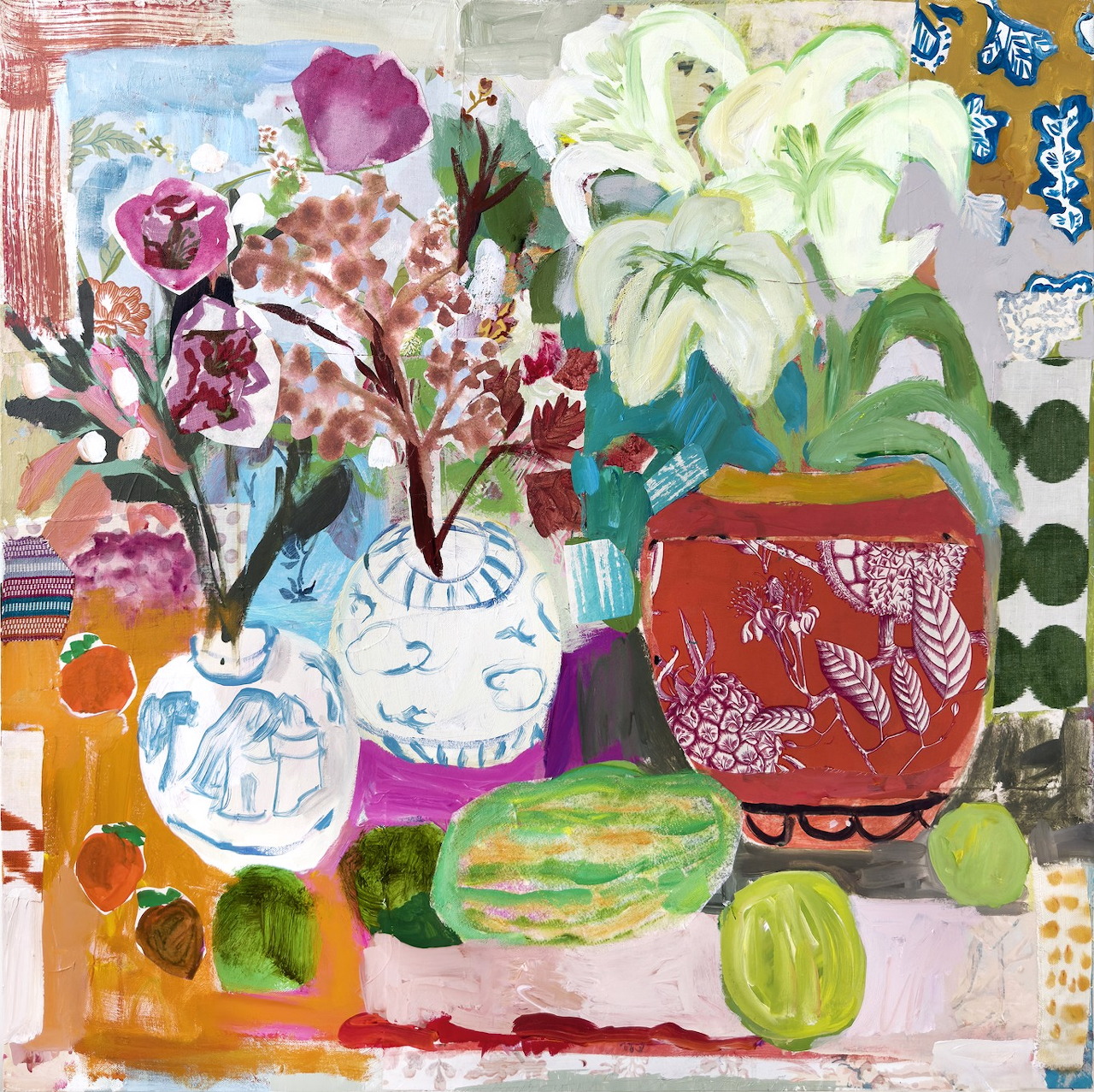 Mixed media painting of lilies in ornate vases with colorful patterns and fruit on table
