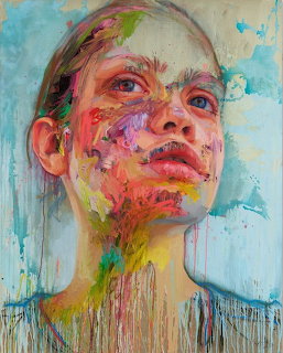 Abstract portrait painting with colorful dripping paint effects on face